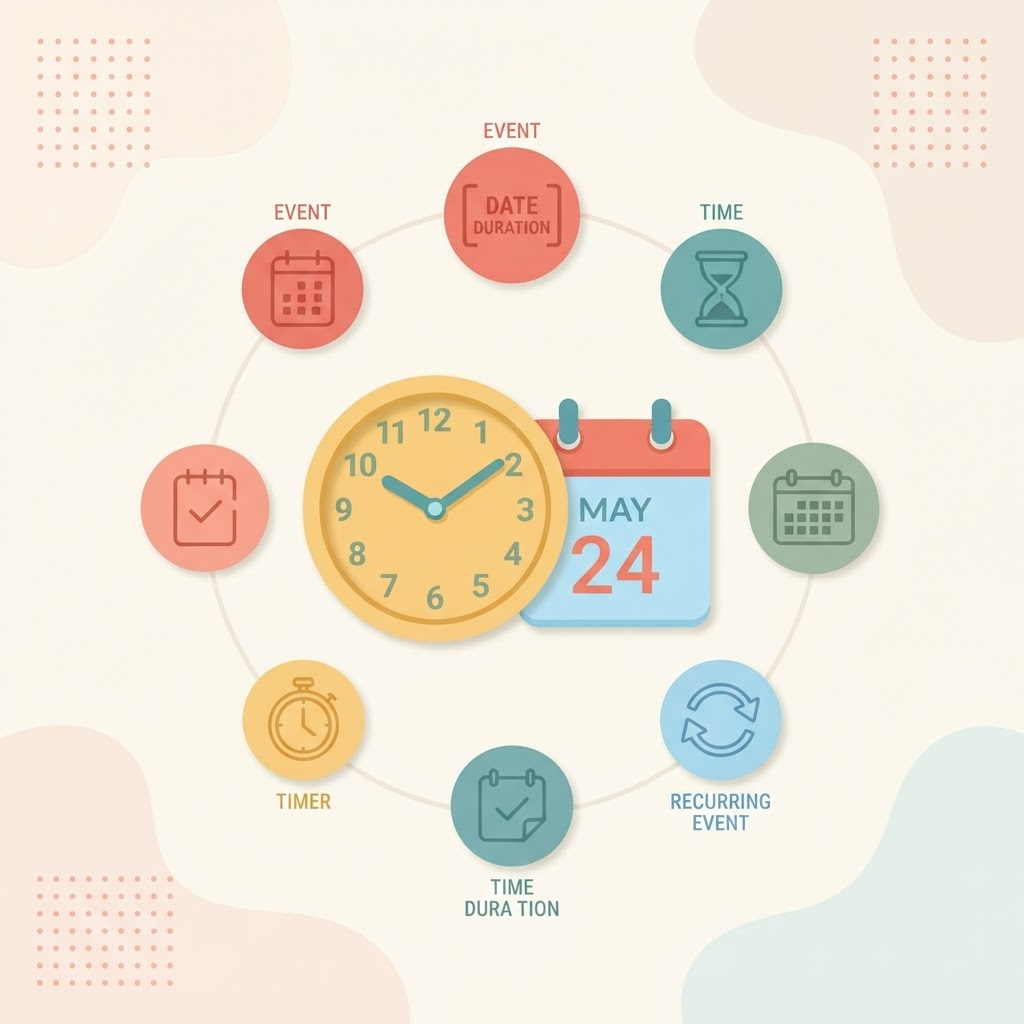 Illustration of a central clock and calendar ringed by date-difference, time-unit and calendar icons