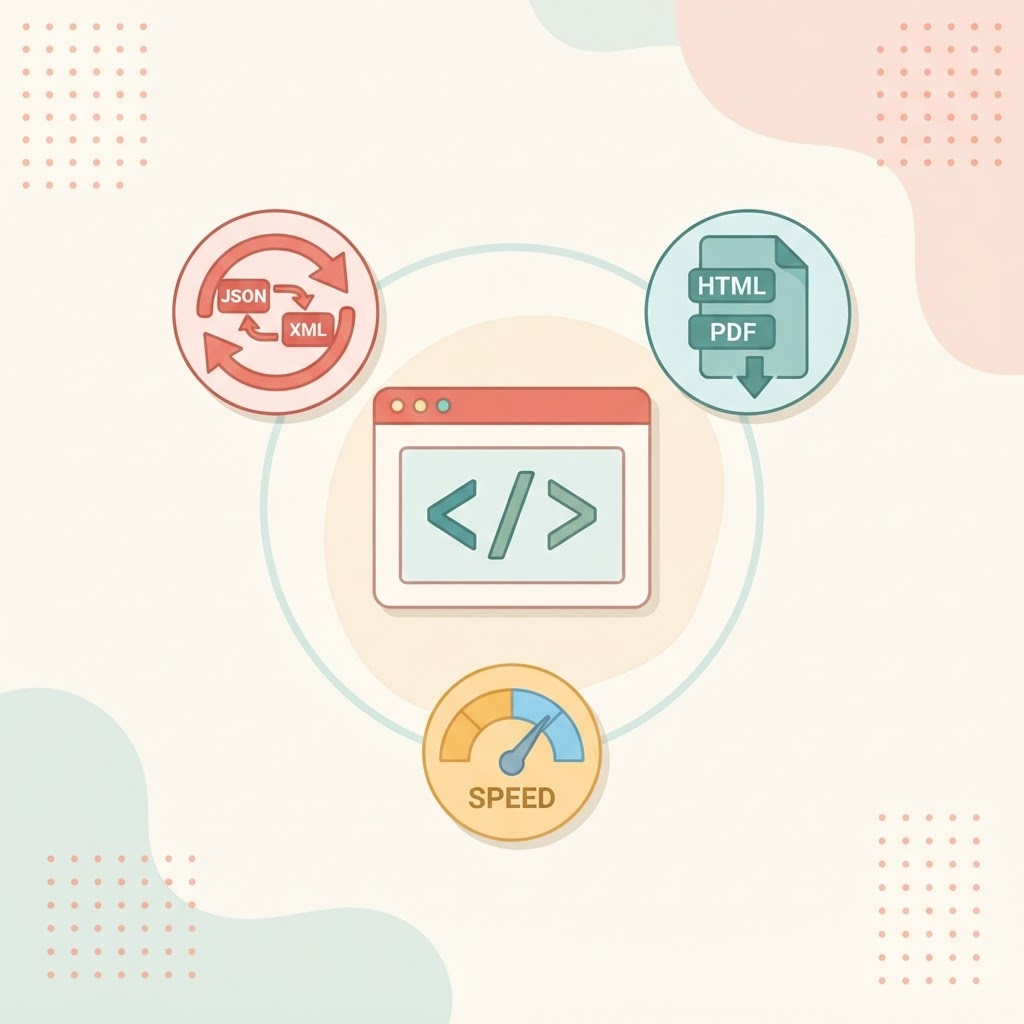 Illustration of a terminal window with code brackets ringed by data-format, HTML-to-PDF and speed-test icons