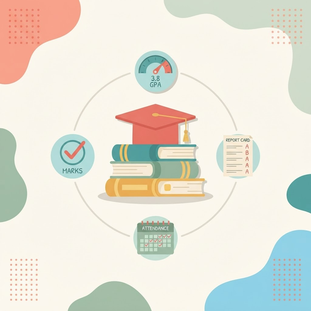 Illustration of a graduation cap on books ringed by GPA, grade, marks and attendance icons