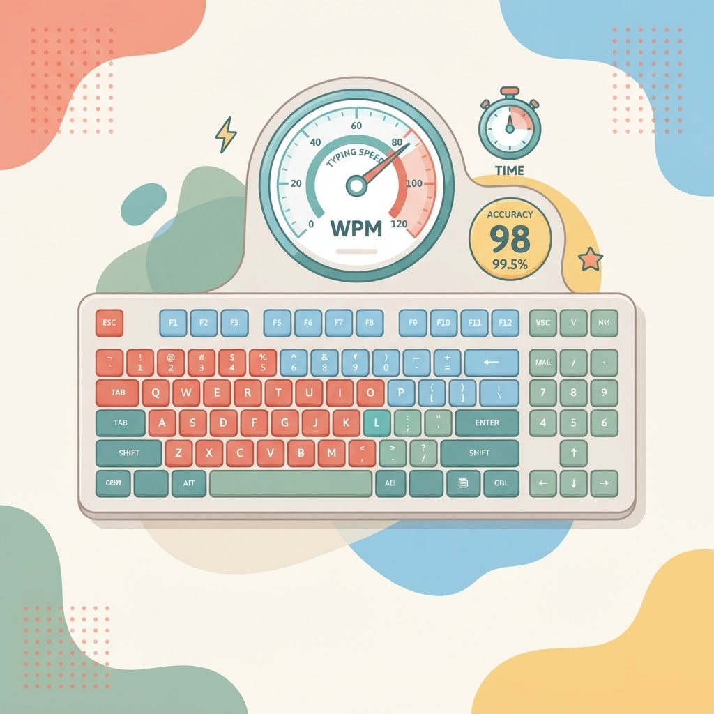 Illustration of a keyboard with a speedometer gauge, stopwatch and a words-per-minute score badge
