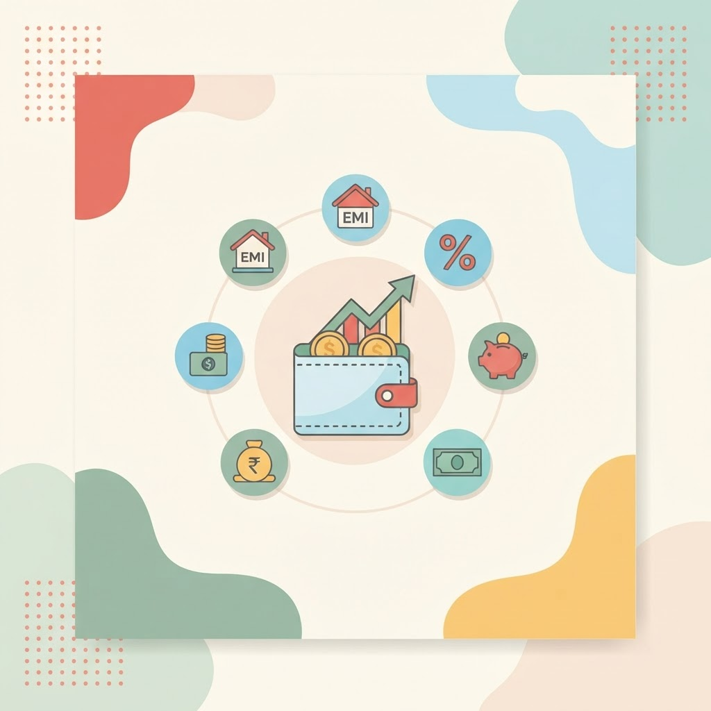 Illustration of a wallet with coins and a growth chart ringed by EMI, interest, savings and salary icons