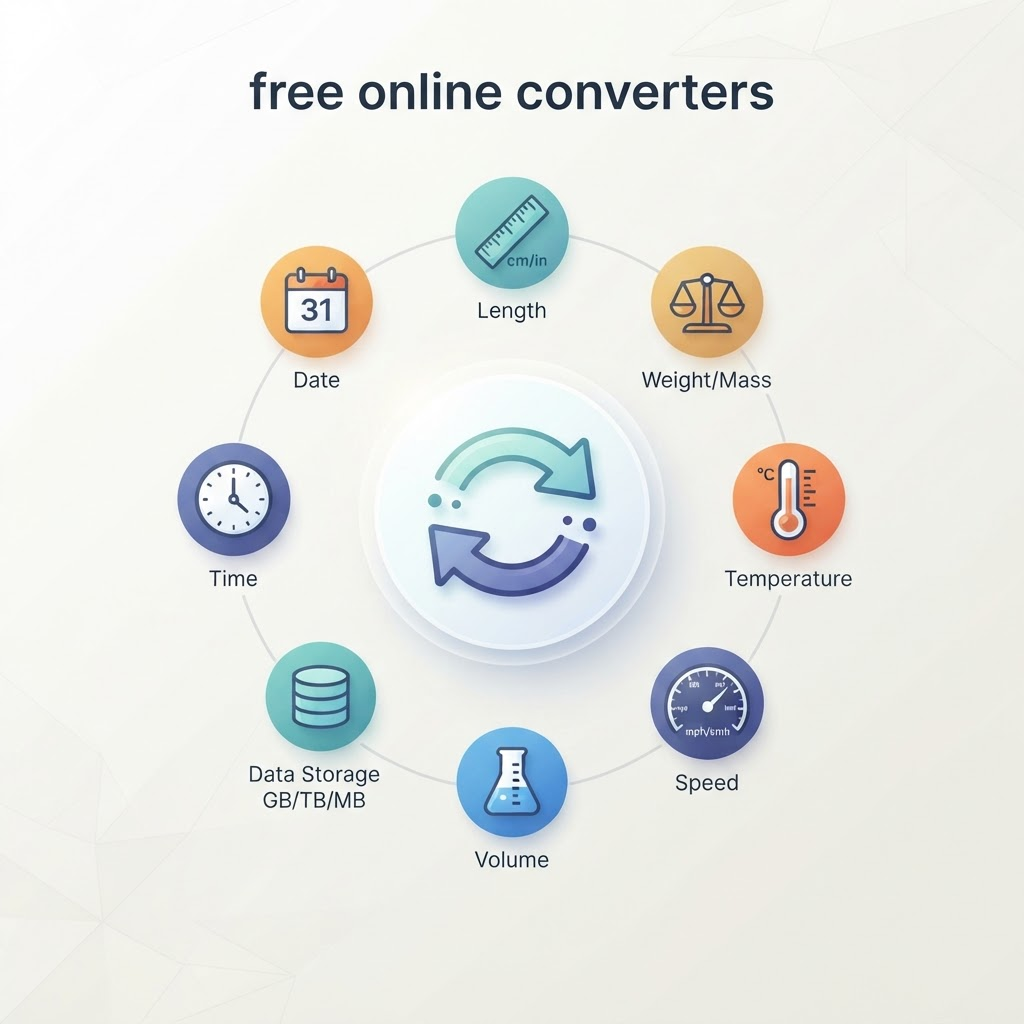 Free online converters shown as a central exchange icon ringed by length, weight, temperature, volume, data, time and date conversion icons