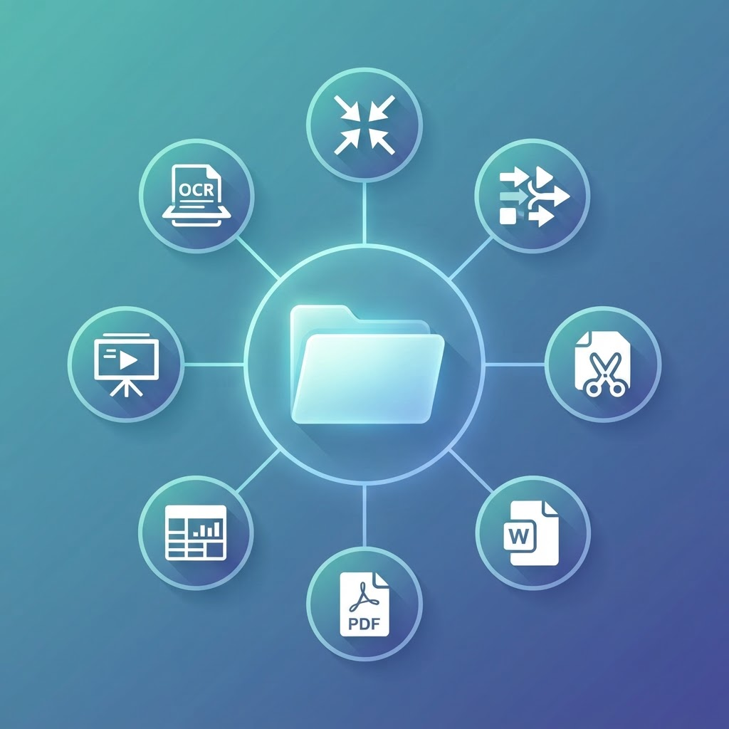 Free online file tools shown as a central folder icon ringed by compress, merge, split, Word, PDF, spreadsheet, presentation and OCR icons
