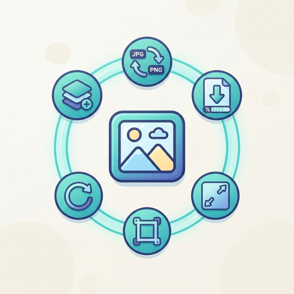 Free online image tools shown as a central photo icon ringed by format conversion, compression, resize, crop, rotate and merge icons