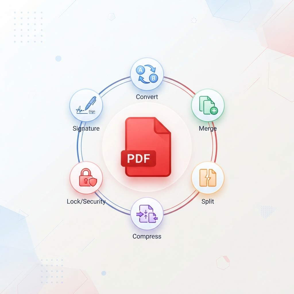 Free online PDF tools shown as a PDF document ringed by convert, merge, compress and security tool icons