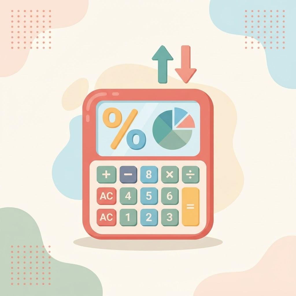 Illustration of a calculator with a large percent sign, a pie chart and increase and decrease arrows