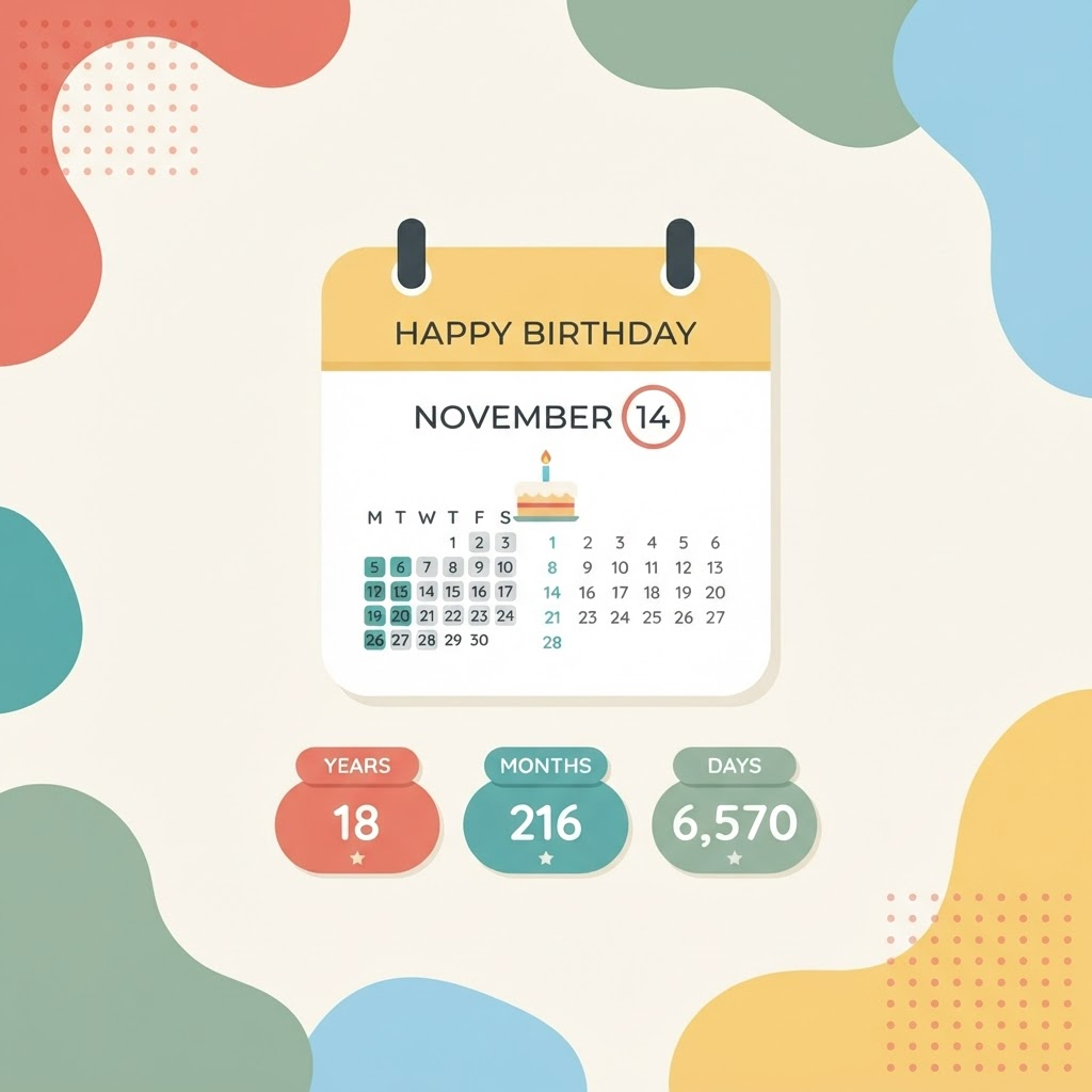 Illustration of a calendar with a birthday cake and counter badges for years, months and days