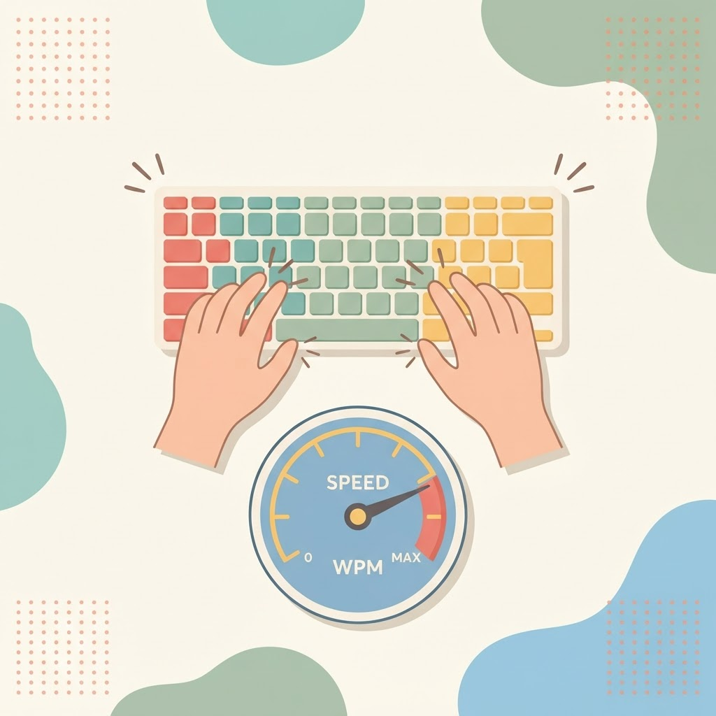 Illustration of hands typing fast on a keyboard with a speedometer gauge showing high WPM