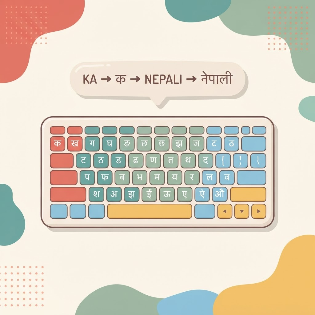 Illustration of a keyboard with Devanagari characters and roman letters transforming into Nepali script