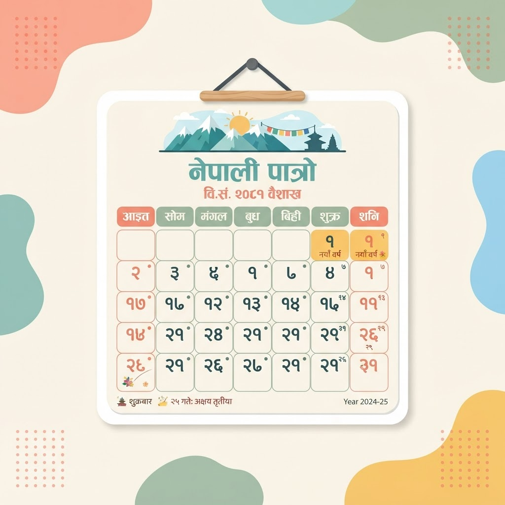 Illustration of a Nepali Bikram Sambat calendar (patro) page with a grid of dates and a sun and mountain motif