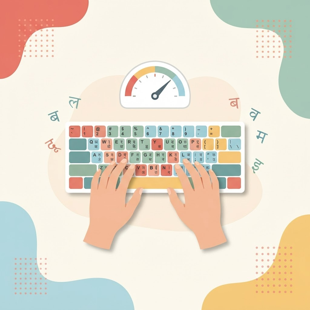 Illustration of hands typing on a Devanagari keyboard with a WPM gauge and floating Nepali script