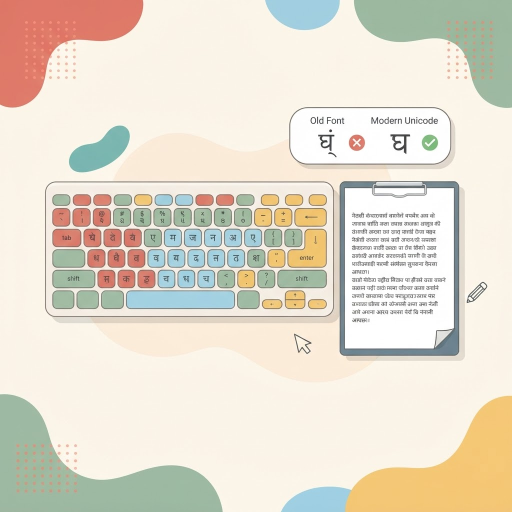 Illustration of a Devanagari Unicode keyboard beside a document showing clean Nepali text