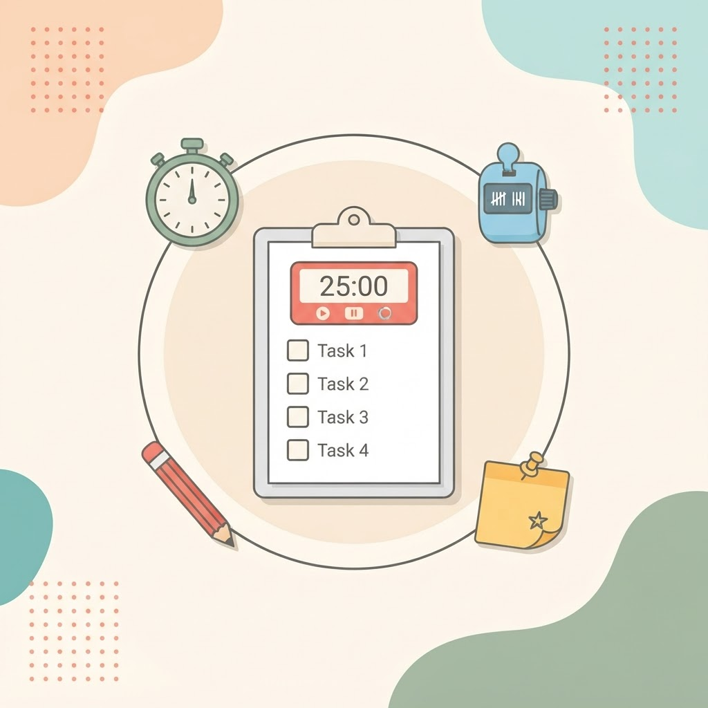 Illustration of a checklist clipboard and focus timer ringed by stopwatch, counter and sticky note icons