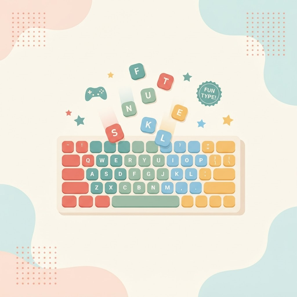 Illustration of a playful keyboard with falling letter tiles, a game controller and score stars