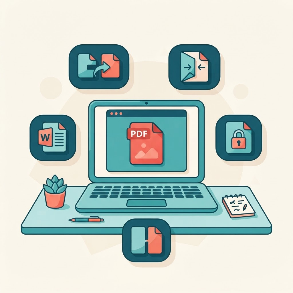 Illustration of a PDF document surrounded by convert, merge, compress and security tool icons